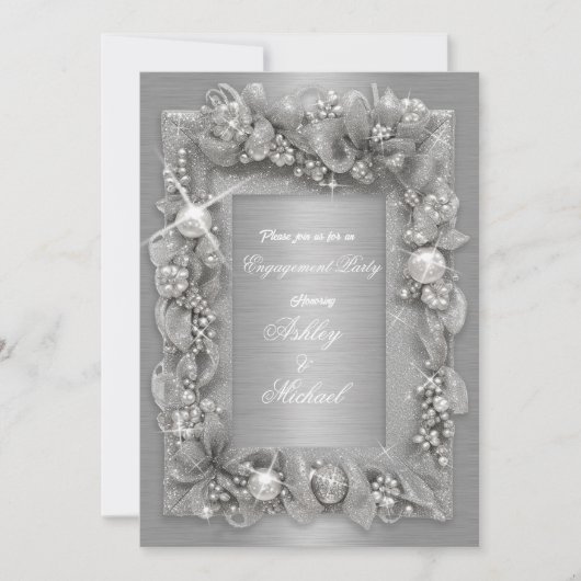 モダン パール シルバー ホイル グローリー シック 婚約 招待状 (正面)