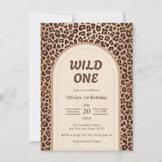 モダン ヒョウ柄 WILD ONE 1歳の誕生日 招待状 (正面)