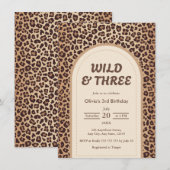 モダン ヒョウ柄 WILD & THREE 3歳の誕生日 招待状 (正面/裏面)