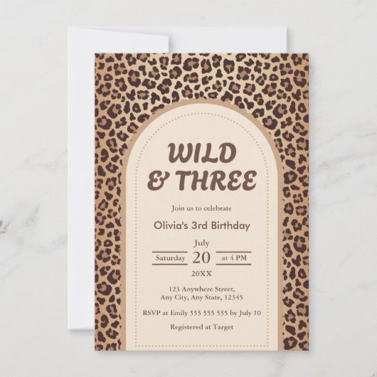 モダン ヒョウ柄 WILD & THREE 3歳の誕生日 招待状 (正面)