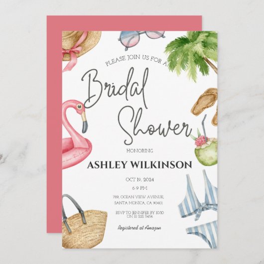 モダン・ビーチ・プール・パーティー　サマー・ブライダルシャワー 招待状 (正面/裏面)