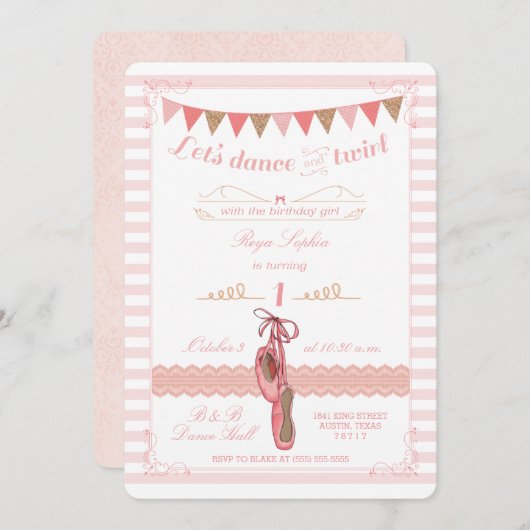 モダン ピンクとゴールド バレリーナ 誕生日招待状 招待状 (正面/裏面)