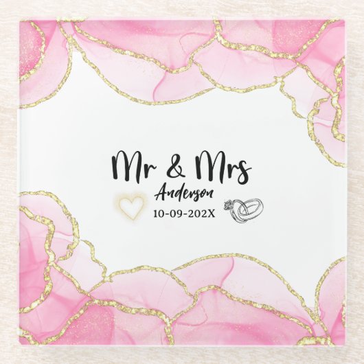 モダン ピンクとゴールド Mr. and Mrs ガラスコースター (正面)