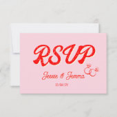 モダン ピンクと赤のレズビアン ウェディング RSVP (正面)
