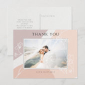 モダン ピンクの桃の花のボタニカル ウェディング サンクス ポストカード (正面/裏面)