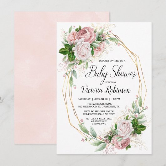 モダン ピンクゴールド エレガント フラワー ベイビー シャワー 招待状 (正面/裏面)