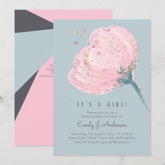 モダン ピンクゴールド ベイビーシャワー ガール 招待状 (正面/裏面)