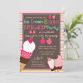 モダン ピンク イチゴ & アイスクリーム ガールズ パーティー 招待状 (スタンド正面)