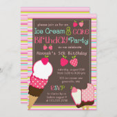モダン ピンク イチゴ & アイスクリーム ガールズ パーティー 招待状 (正面/裏面)