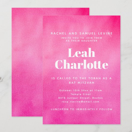モダン ピンク ウォーターカラー おしゃれな バット ミッツヴァー 招待状 (正面/裏面)