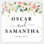 モダン ピンク ウォーターカラー ビューティー フラワーズ & ゴールド ドロップス スクエアシール (正面)