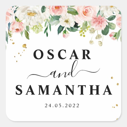 モダン ピンク ウォーターカラー ビューティー フラワーズ & ゴールド ドロップス スクエアシール (正面)