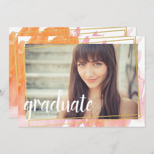 モダン ピンク ウォーターカラー 卒業生 招待状 (正面/裏面)