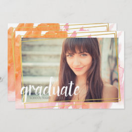 モダン ピンク ウォーターカラー 卒業生 招待状