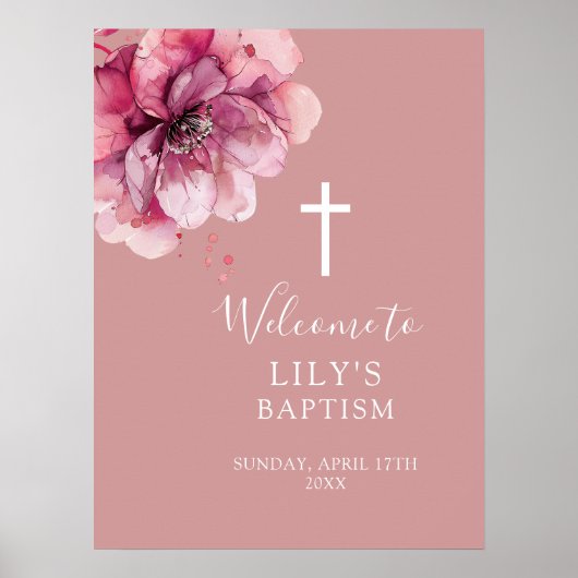 モダン ピンク ウォーターカラー 花 イエス キリストの洗礼 おめでとう サイン (正面)