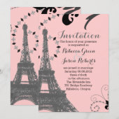 モダン ピンク エッフェル塔 ヴィンテージ パリ ウェディング 招待状 (正面/裏面)