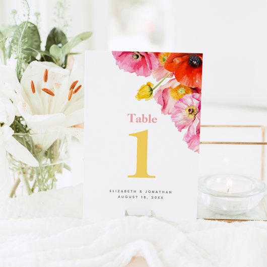 モダン ピンク オレンジ色のポピー 結婚式 テーブルナンバー