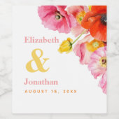 モダン ピンク オレンジ イエロー ポピー ウェディング ワインラベル (シングルラベル)