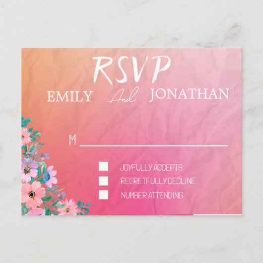 モダン ピンク オレンジ ウォーターカラー タイポグラフィー RSVP インビテーションポストカード (正面)