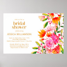 モダン ピンク オレンジ ウォーターカラー フローラル ブライダル シャワー