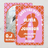 モダン ピンク オレンジ レトロ ボーホー アーチ ボールド デート セーブザデート (正面/裏面)