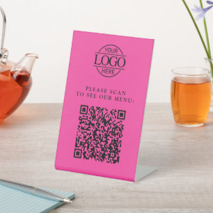 モダン ピンク カスタム ビジネス ロゴ QR コード メニュー 台座サイン