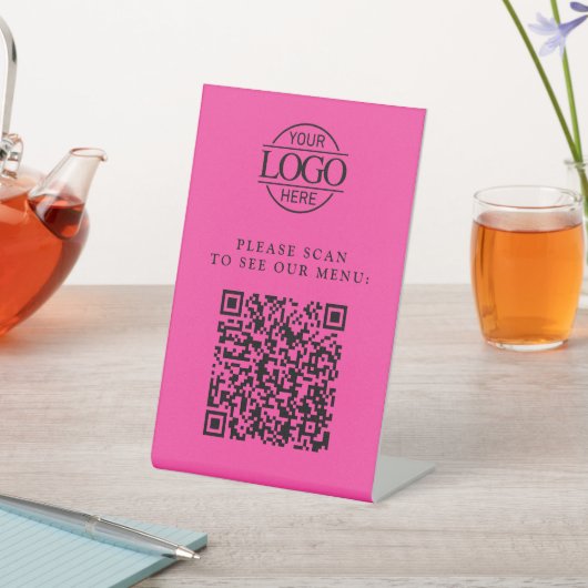 モダン ピンク カスタム ビジネス ロゴ QR コード メニュー 台座サイン (インサイチュ)