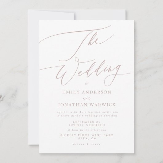 モダン ピンク カリグラフィー シンプル ウェディング 招待状 (正面)