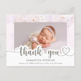 モダン ピンク カリグラフィー フォト ベビー ガール サンクス ポストカード