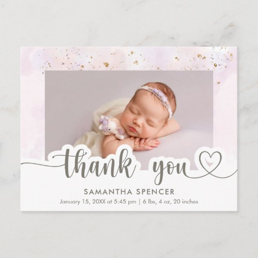 モダン ピンク カリグラフィー フォト ベビー ガール サンクス ポストカード (正面)