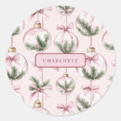モダン ピンク クリスマス オーナメント 個人名ステッカー ラウンドシール (正面)