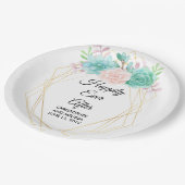 モダン ピンク & グリーン ウォーターカラー 多肉植物 ウェディング ペーパープレート (アングル)