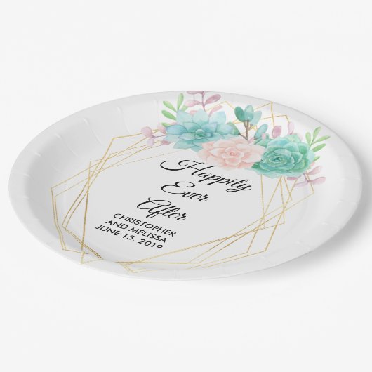 モダン ピンク & グリーン ウォーターカラー 多肉植物 ウェディング ペーパープレート (アングル)