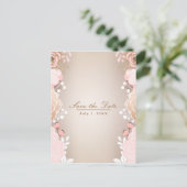 モダン ピンク＆ゴールド フラワー ボタニカル セーブ・ザ・デート 案内ポストカード (スタンド正面)
