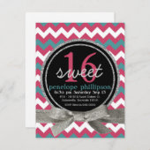 モダン ピンク ティール チェブロン ガーリー スイート16 招待状 (正面/裏面)