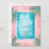 モダン ピンク トロピカル パーム ブルー プール パーティー スウィート16 招待状 (正面)