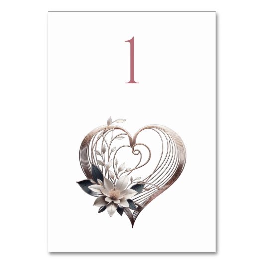 モダン ピンク ハート フラワー ウェディング テーブル ナンバー テーブルナンバー (正面)