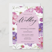 モダン ピンク パープル フローラル ブルーム QR コード ウェディング 招待状 (正面)