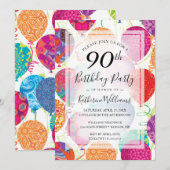 モダン ピンク パープル 風船 90歳 誕生日パーティー 招待状 (正面/裏面)