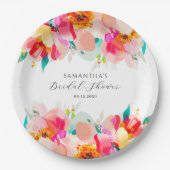 モダン ピンク フラワー ウォーターカラー ブライダル シャワー ペーパープレート (正面)