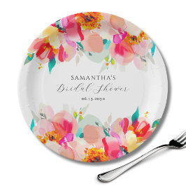 モダン ピンク フラワー ウォーターカラー ブライダル シャワー ペーパープレート