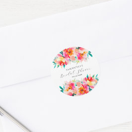 モダン ピンク フラワー ウォーターカラー ブライダル シャワー ラウンドシール