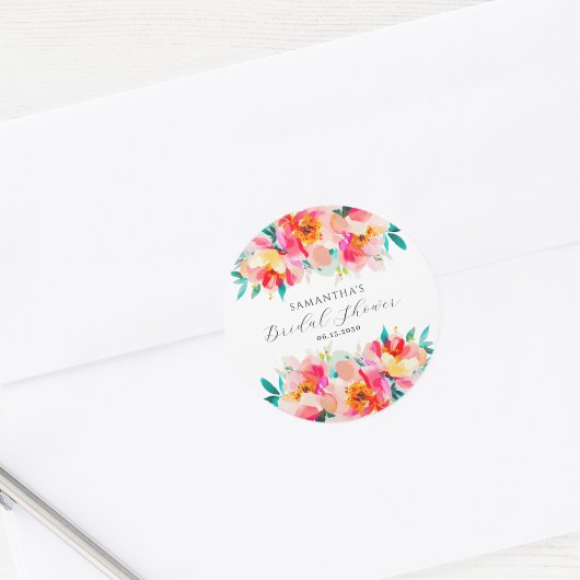 モダン ピンク フラワー ウォーターカラー ブライダル シャワー ラウンドシール