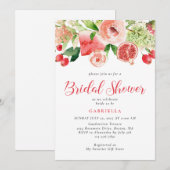 モダン ピンク フラワー フルーツ ウォーターカラー ブライダル シャワー 招待状 (正面/裏面)