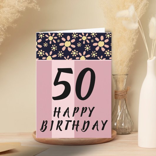モダン ピンク フラワー 花柄 女性 50歳 誕生日 カード