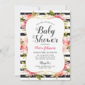 モダン ピンク フローラル ウォーターカラー ガール ベイビー シャワー 招待状 (正面)