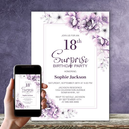 モダン ピンク フローラル サプライズ 18歳の誕生日パーティー 招待状