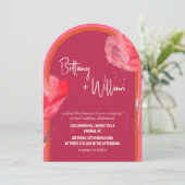 モダン ピンク フローラル サマー ウェディング アーチ 招待状 (スタンド正面)