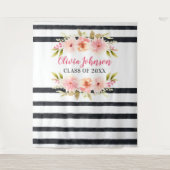 モダン ピンク フローラル ストライプ 卒業式 背景 タペストリー (正面)