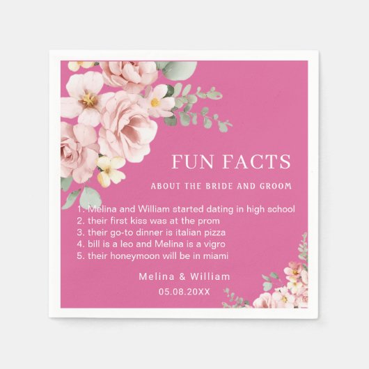 モダン ピンク フローラル ファン ファクト ウェディング スタンダードカクテルナプキン (正面)